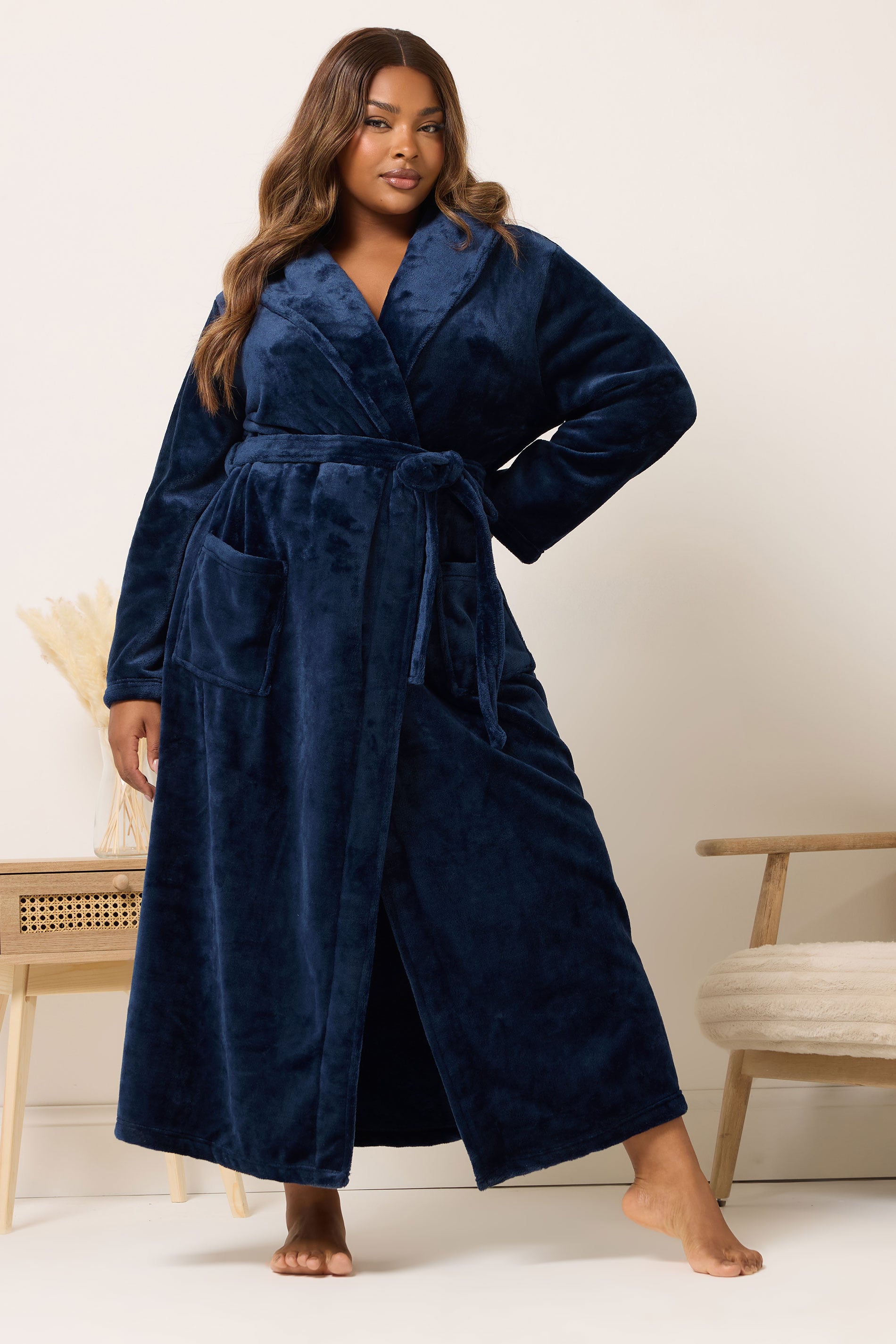  YOURS Curve Robe De Chambre Longue Super Luxueuse Bleu Marine
