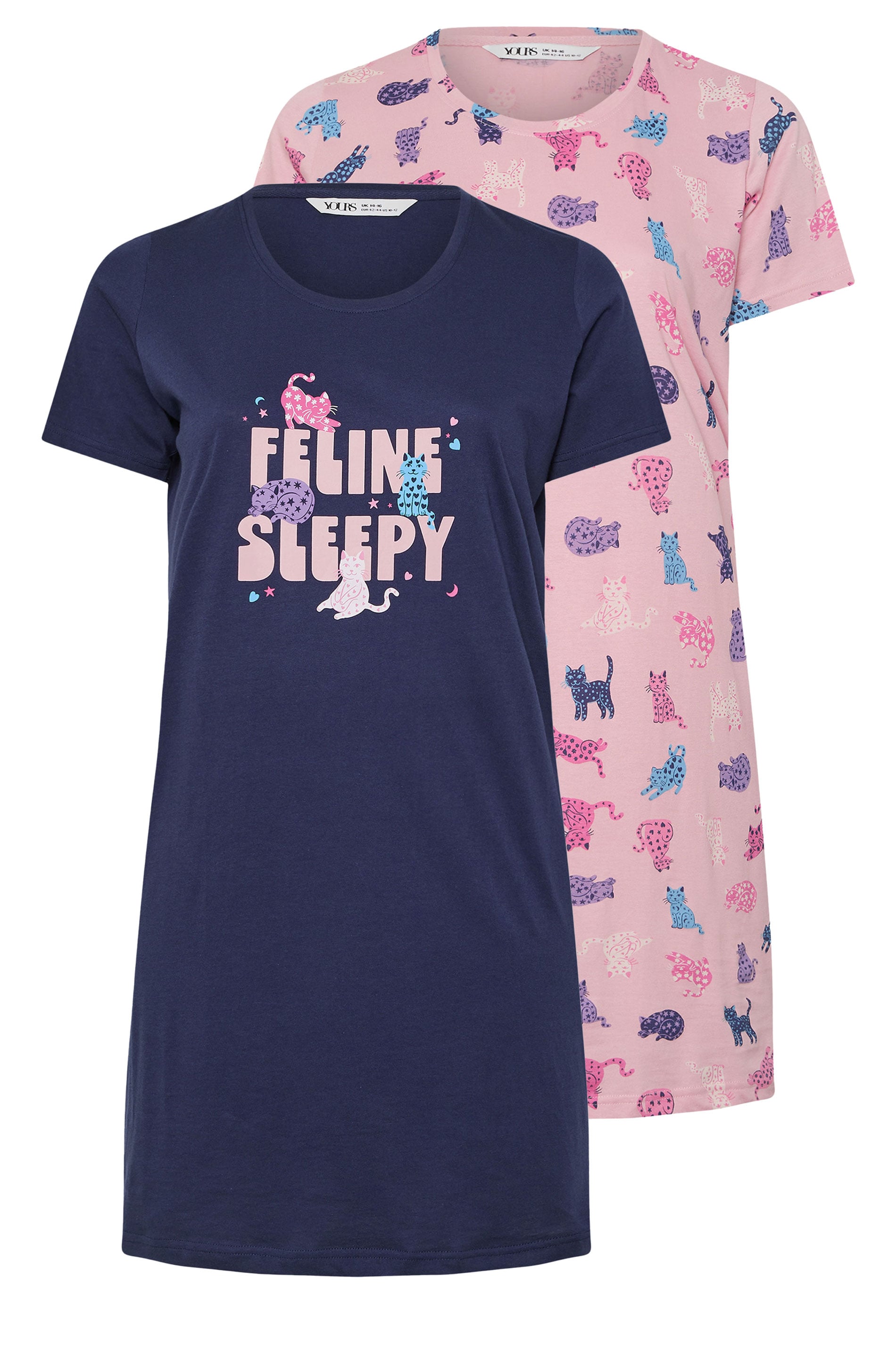  YOURS Lot De 2 Chemises De Nuit Curve à Imprimé Chat Rose Et Bleu