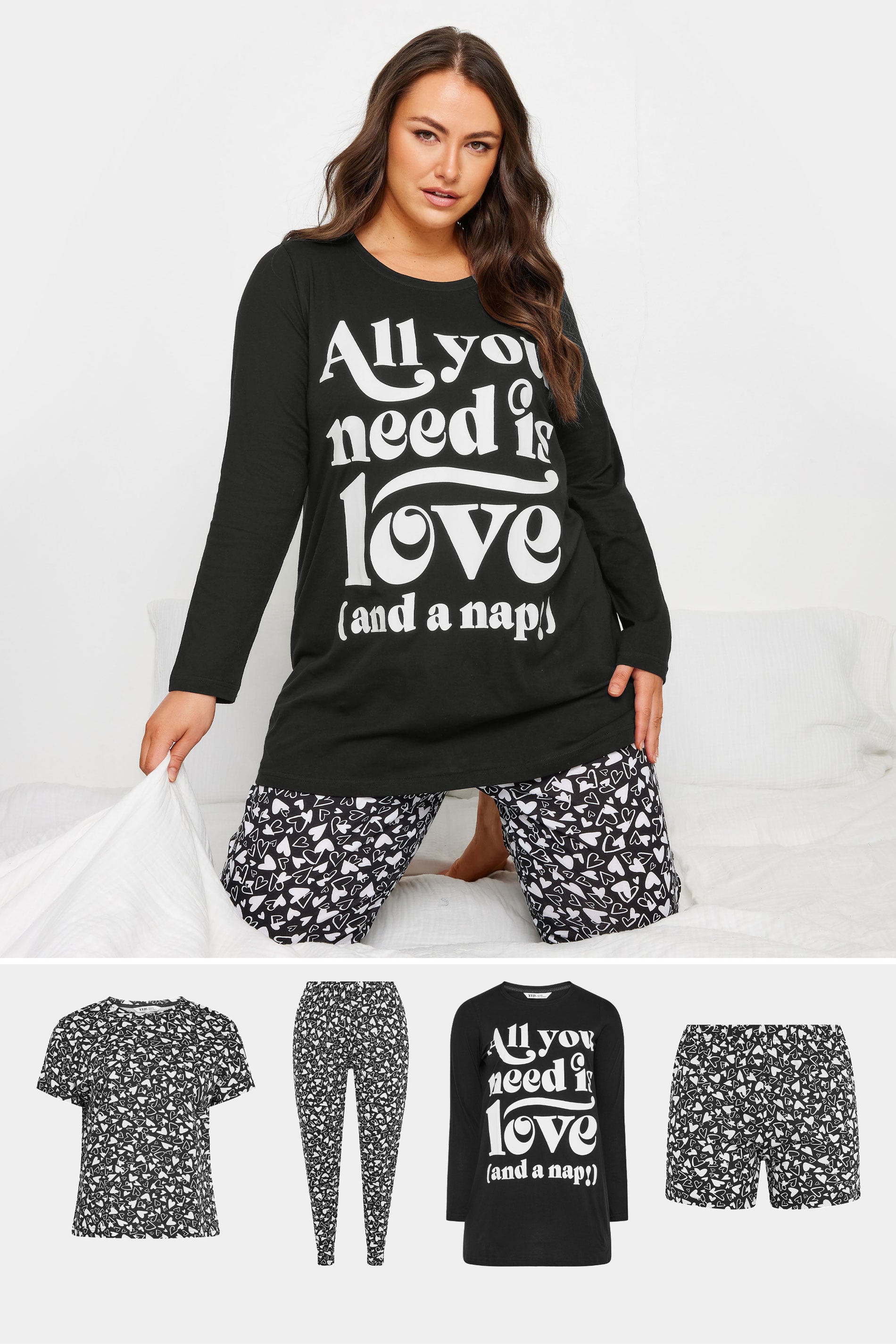  YOURS - Lot De 4 Pièces De Pyjamas Noir & Blanc Slogan