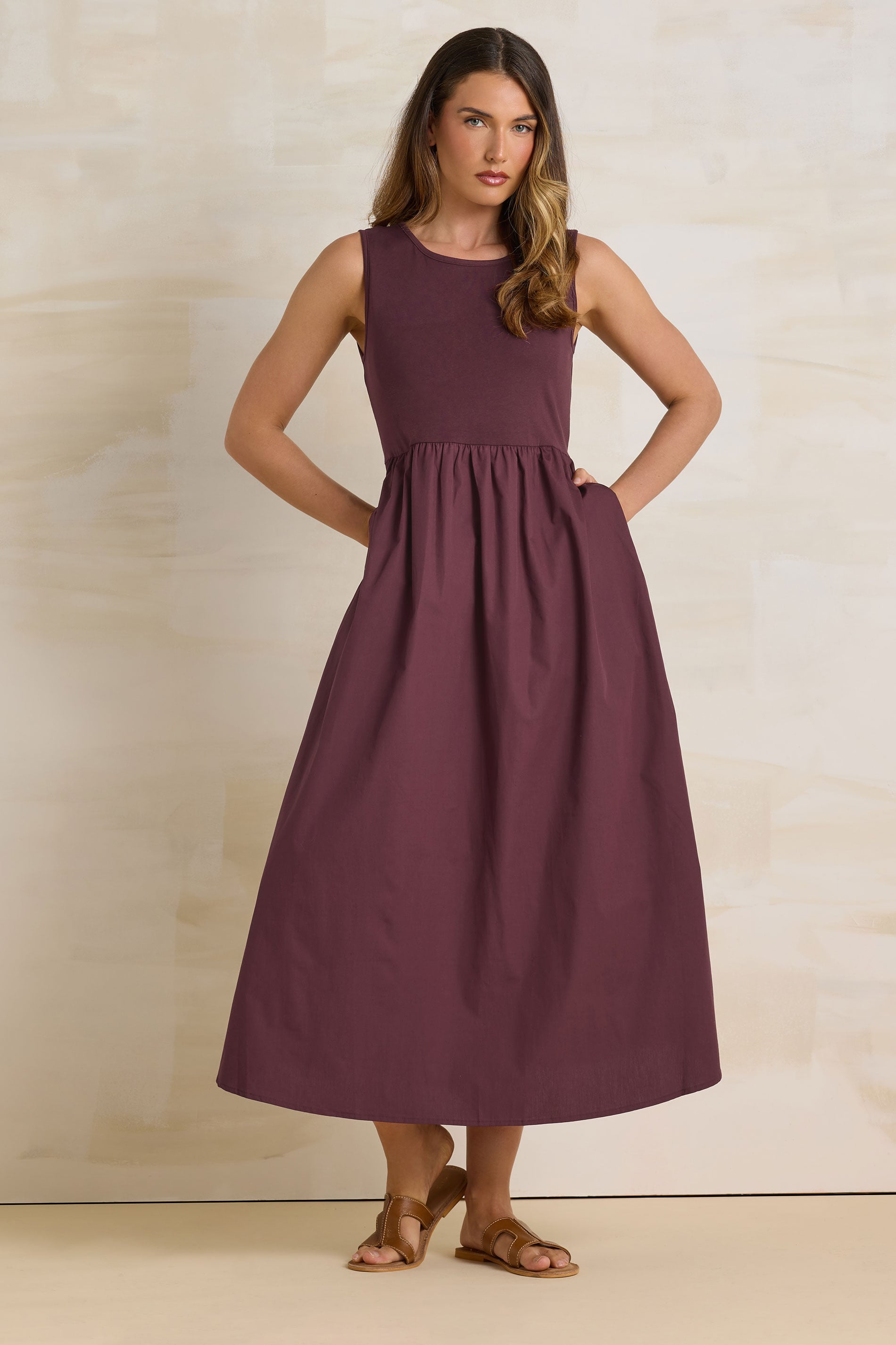  LTS Tall Burgundy Red Jersey & Woven Mix Fabric Midi Dress