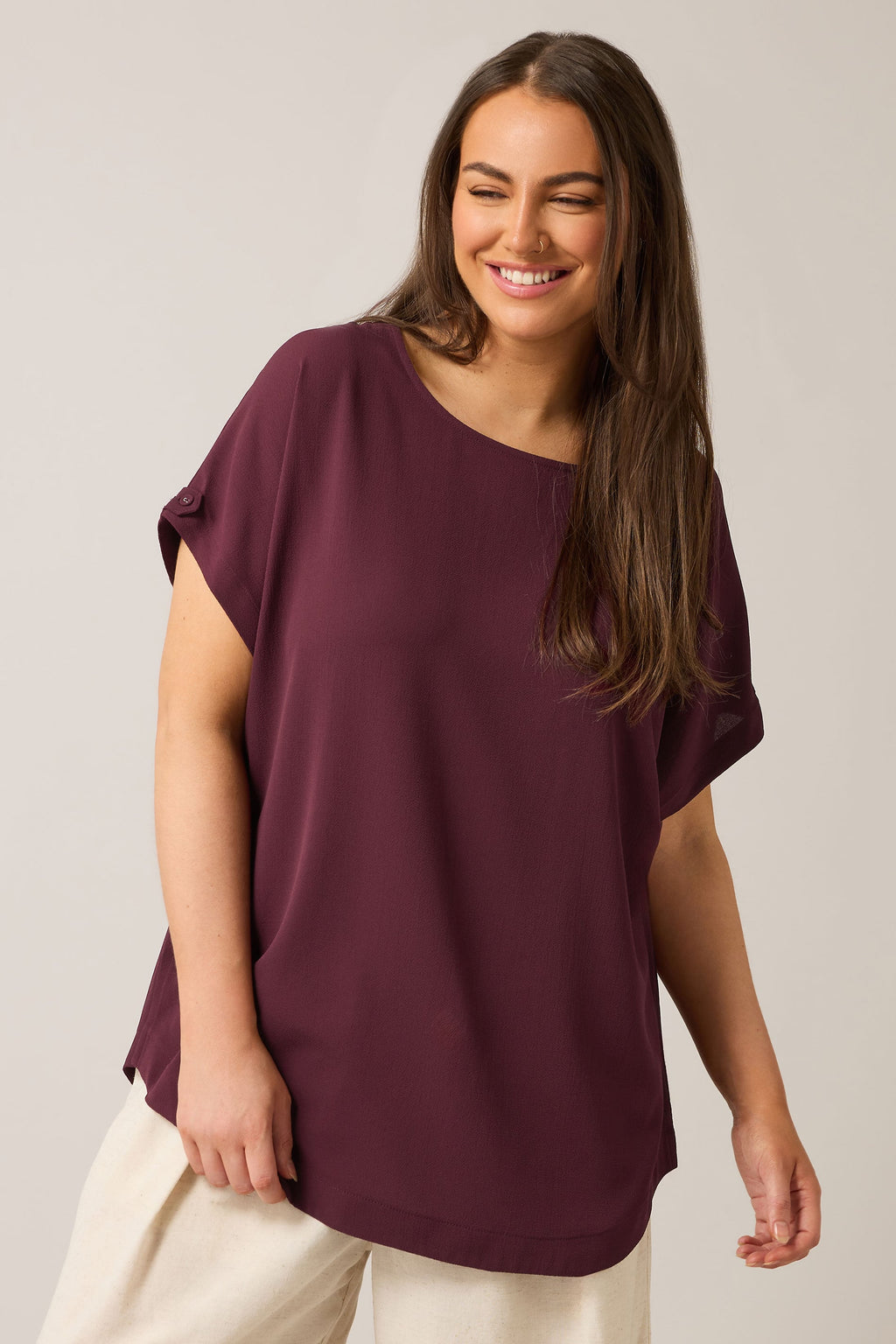  EVANS Curve Burgundy Red Button Sleeve Blouse