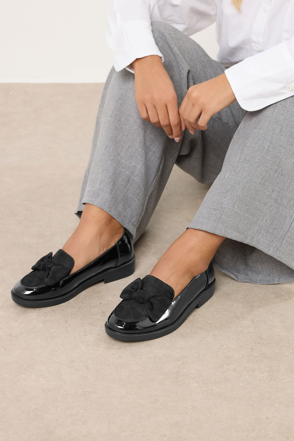  Mocassins Noirs Vernis à Nœud Sur Le Devant, Coupe Extra Large EEE