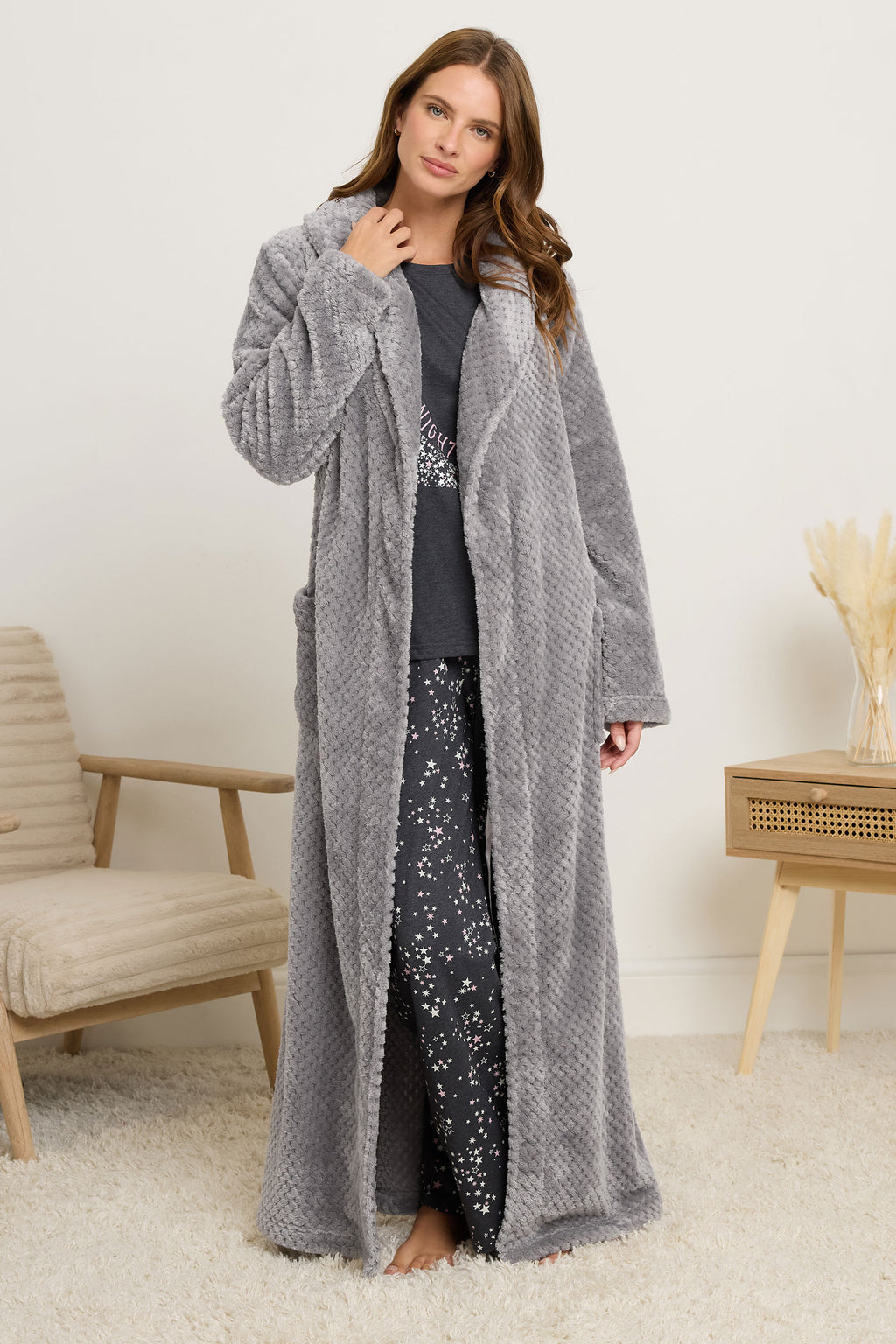  M&Co Grey Textured Shawl Dressing Gown