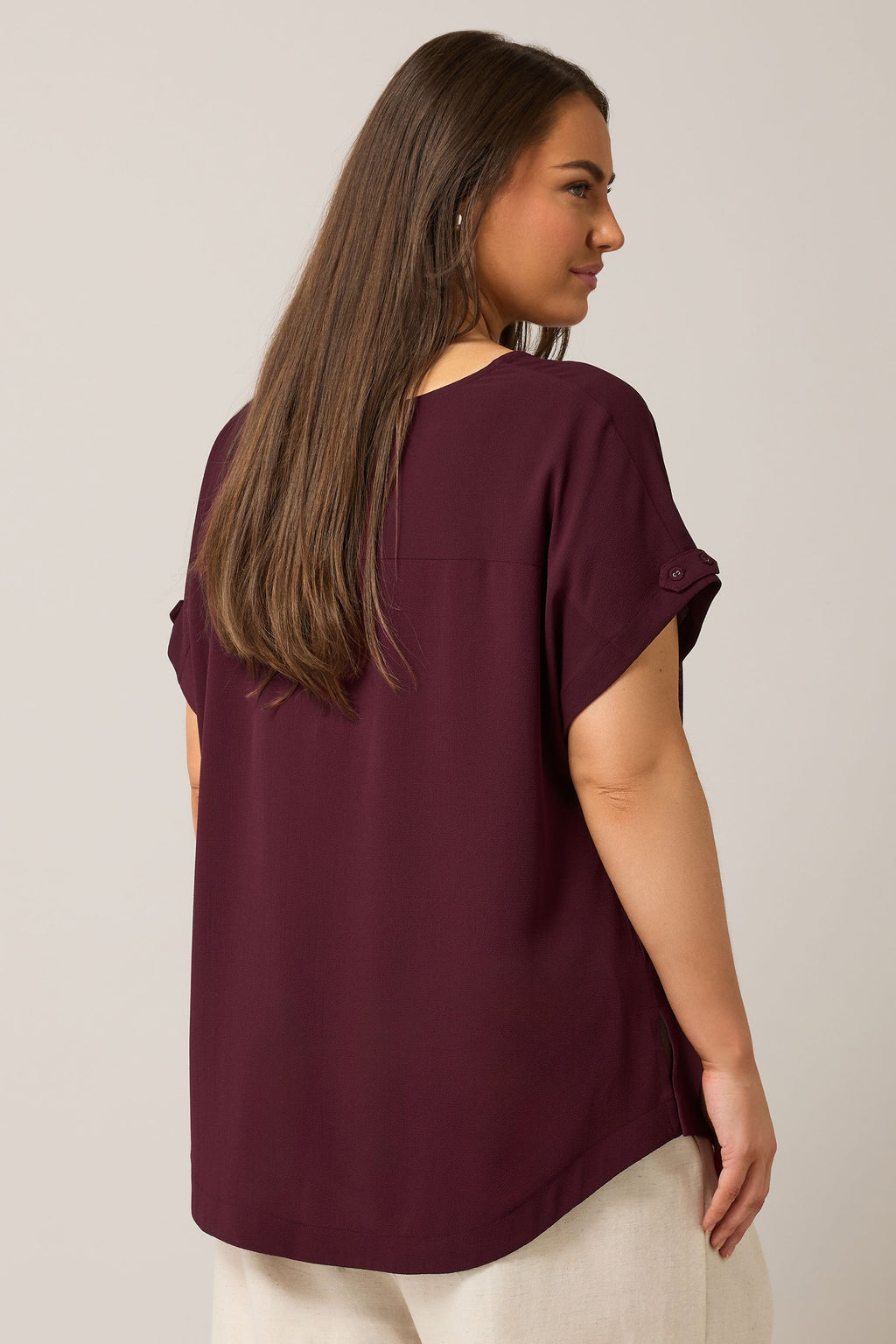  EVANS Curve Burgundy Red Button Sleeve Blouse