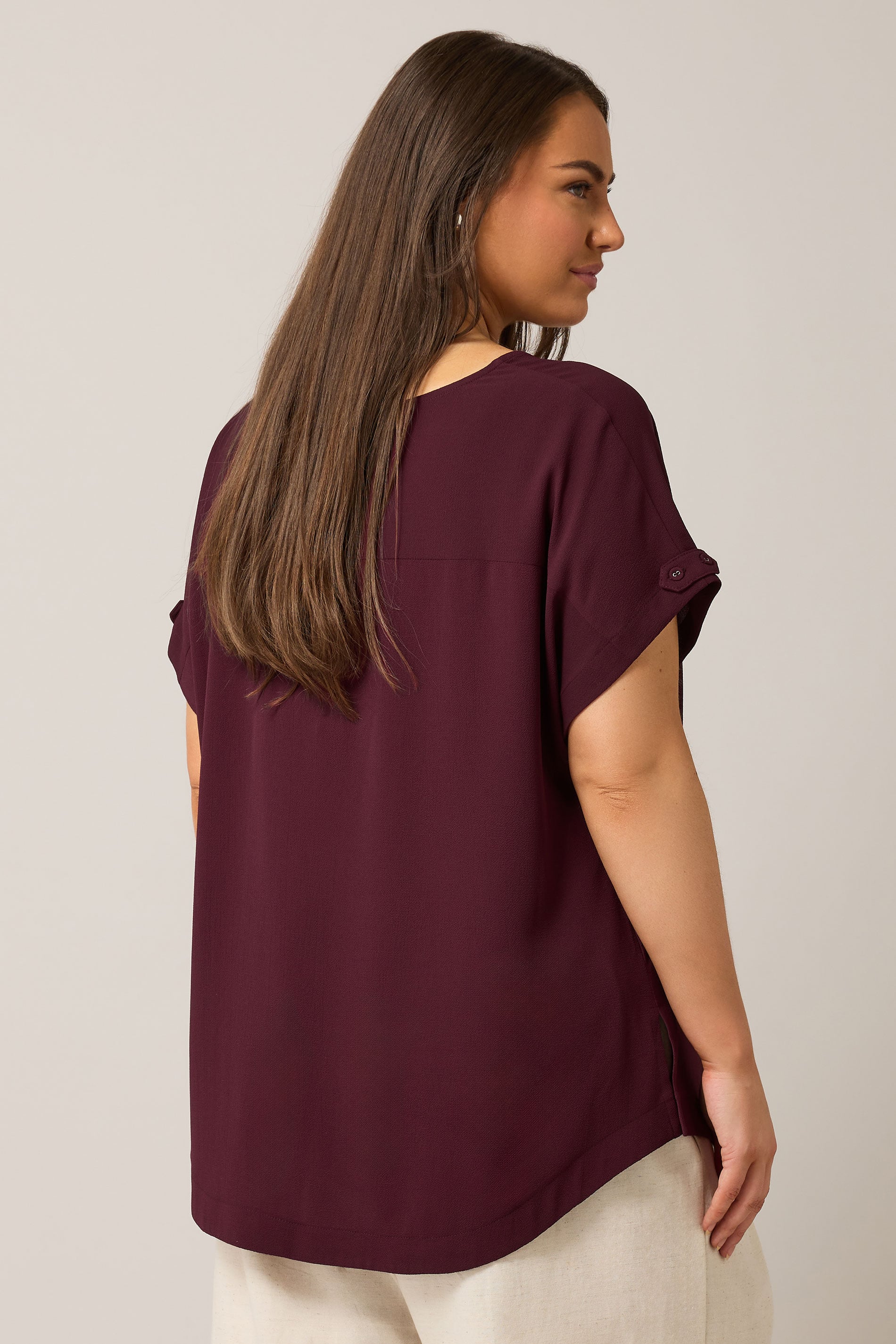  EVANS Curve Burgundy Red Button Sleeve Blouse