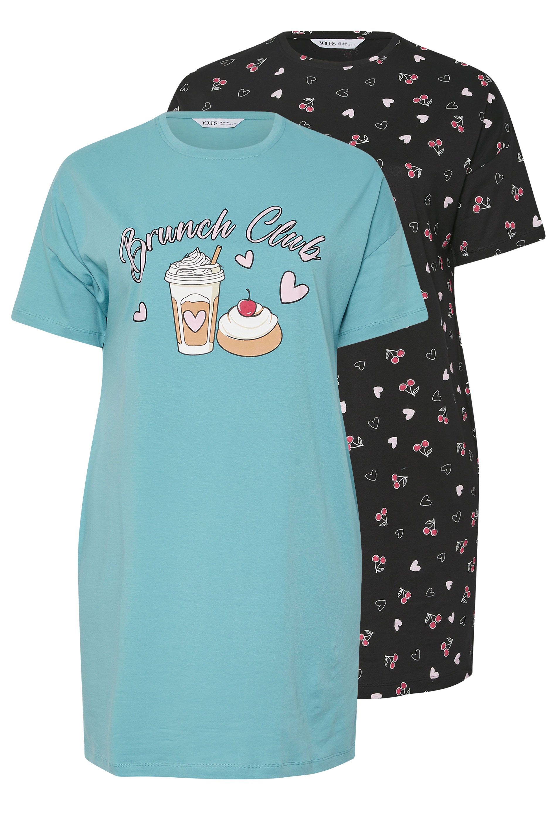  YOURS - Lot De 2 Chemises De Nuit Bleue & Noire 'Brunch Club'