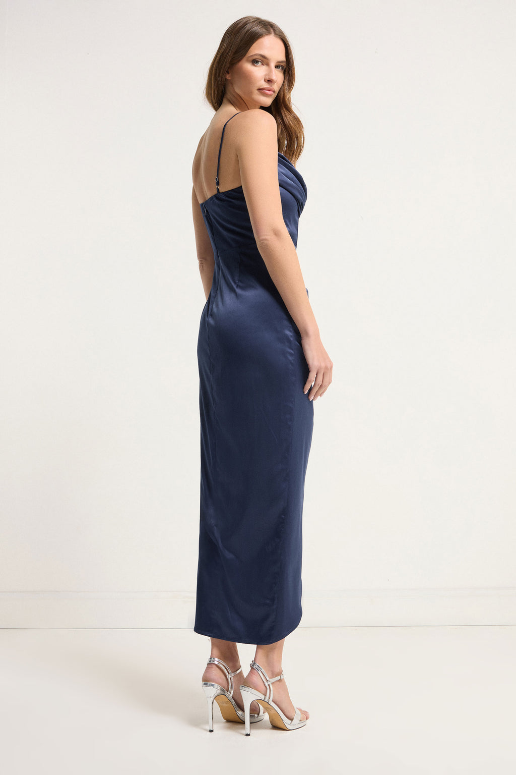  STAR Navy Blue Satin Corset Cowl Wrap Dress