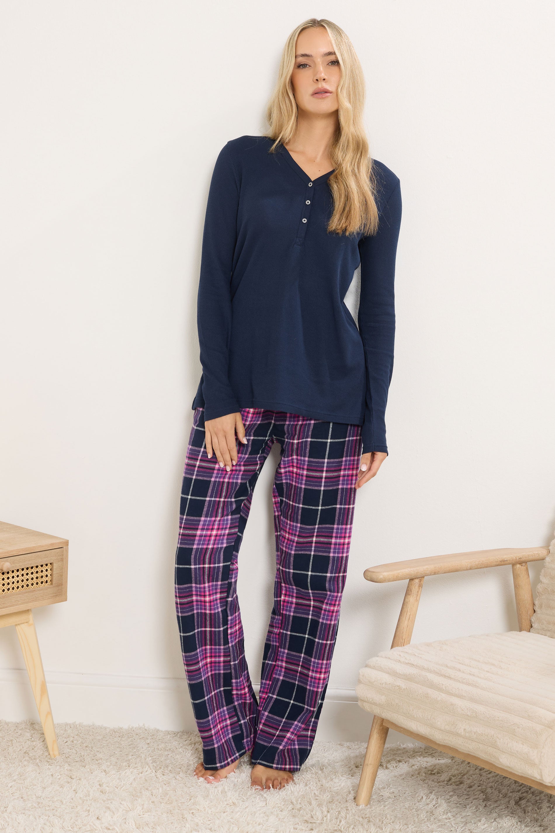  LTS Tall Navy Blue Cotton Waffle Pyjama Top