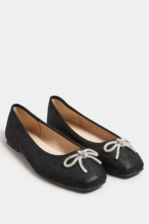  Ballerines Noires Carrées Noeuds à Strass Pieds Extra Larges EEE